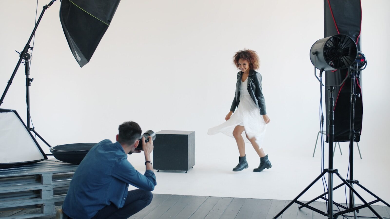 Photographer shooting model in a studio setting